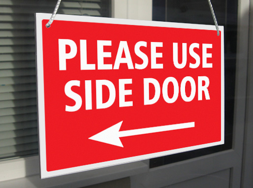 please-use-side-door-arrow-left-right-hanging-sign-window-door